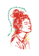 A girl with a bun on her head. Vector poster on the theme of sweet life, sweet tooth, hand-drawn drawings with interesting, inspiring phrases for the comfort of your home