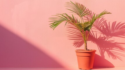 Obraz premium A photo of a potted palm plant casting a shadow on a pink wall in the style of minimalism