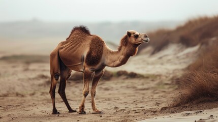 A camel stands on the sandy terrain