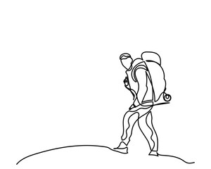 Single continuous line drawing of travelers walking Climber on a mountain top. man trekking poles and backpacks hiking up a mountain, adventure, hiking concept.