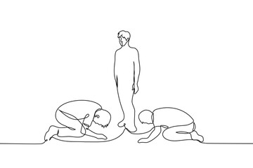 men knelt in a low bow with their heads to the floor in front of the man standing in the center - one line art vector. male crush concept, influencer, alpha and beta men, sectarianism, hierarchy