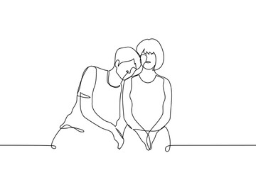 man lowered his head on the shoulder of a woman sitting next to him - one line art vector. support concept, couple, siblings, friends