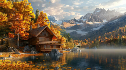 Fototapeta premium Beautiful chalet surrounded by beautiful nature with a fall landscape