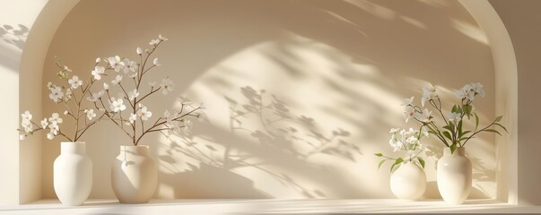 Simple scene with cherry blossoms in white vases, arched background, soft sunlight, minimalist decor