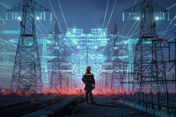 A lone maintenance engineer stands amidst towering power lines, inspecting the futuristic grid.