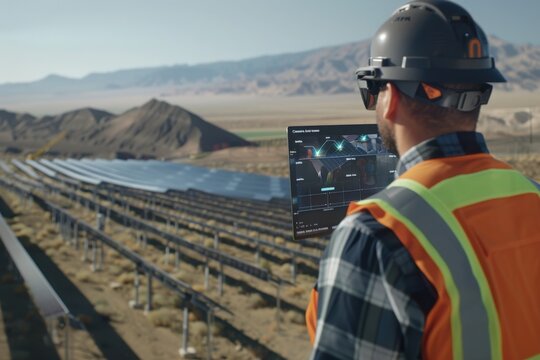 A maintenance engineer in a futuristic setting inspects a vast solar field using a tablet with advanced data visualization.