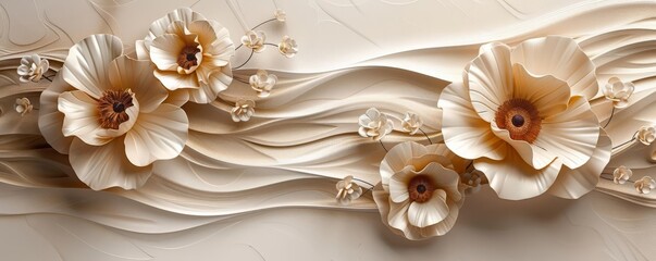 Sophisticated 3D flowers with beige hues, wavy backdrop, intricate and detailed