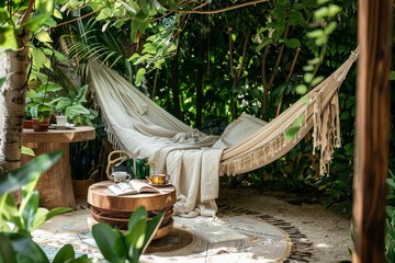 Cozy Garden Corner with Hammock, Seating, Lush Greenery - Ideal Reading Nook Design for Relaxation