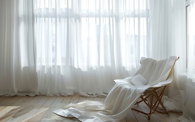Crisp white sheer curtains in a minimalist studio apartment, allowing soft light to filter through and enhance the spaces airy, open feel