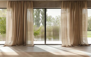 Light brown linen curtains softly draped around a window, showcasing a peaceful, sunlit green landscape in a modern, minimalist room