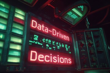A futuristic control room with a glowing neon sign reading Data-Driven Decisions.