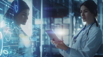 Female Doctor Using Tablet with Futuristic Interface in Medical Science Lab, Blank Text Area