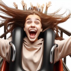 A girl screams on a roller coaster Isolated on white background