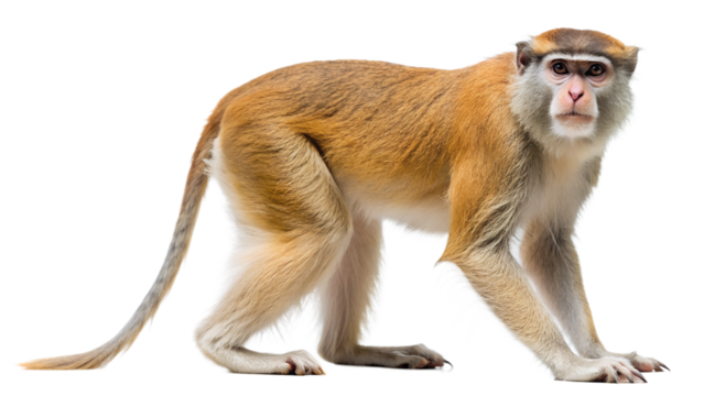 a Patas monkey standing on all fours. Its face is obscured by a pixelated square