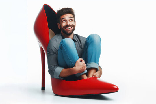 funny man sitting under red high heel Isolated on white background