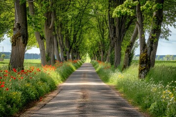 Naklejka premium Tranquil Countryside Path: Nature's Serene Journey through Trees and Wildflowers