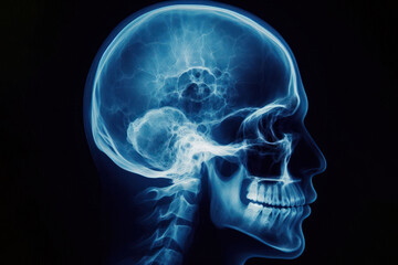 X-ray of human skull of a male, blue tone radiograph Isolated on black background