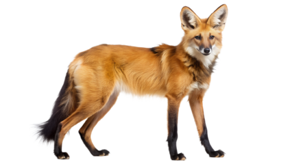 an adult maned wolf standing against a white background