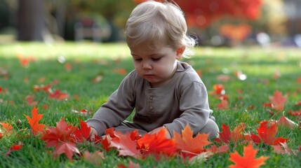 Toddler boy playing with red maple leaves while seated on a grassy lawn