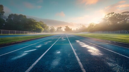 Naklejka premium Empty Running Track Glowing in the Morning Light at Sunrise