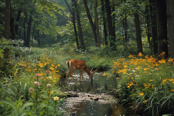 Fototapeta premium A serene woodland scene with a deer drinking from a sparkling stream surrounded by tall, dense trees and a variety of colorful wildflowers.. AI generated.