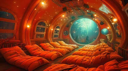 An orange-walled room with pillows and a large round window overlooking a green underwater scene