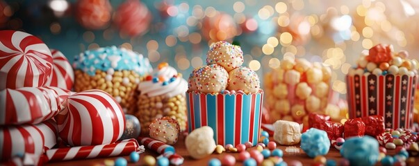 Naklejka premium 4th July themed candy buffet, various sweets, festive decorations, vibrant colors, high detail,