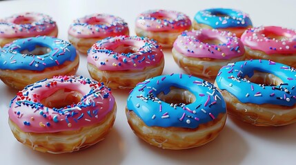 4th of July themed donuts with colorful icing and sprinkles, bright colors, detailed, topdown view, digital painting