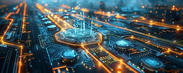 A logistics center with multidimensional delivery systems, hightech, holographic elements, digital art