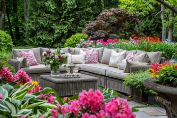 Elegant Garden Setting with Outdoor Furniture and Colorful Flowers for Entertaining Guests