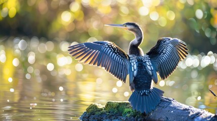 Anhinga air drying its wings at the water s edge in the morning sunshine at Jarvis Creek Park on Hilton Head Island
