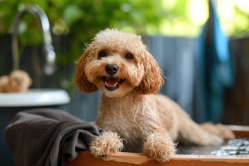 Dog  is sitting in a tub with a towel