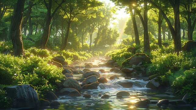 A serene woodland scene with a babbling brook, sunlight filtering through the trees, and the sound of birdsong, evoking peace and happiness. Clipart illustration style, clean, Minimal,