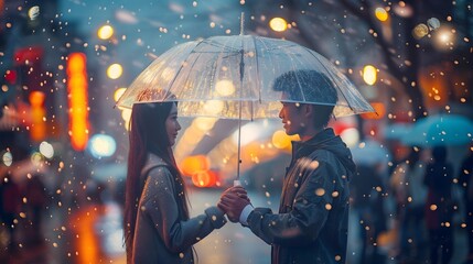 Tender Embrace Under the Rain:Couple's Serene Moment in the City