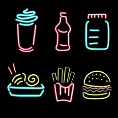 Food and drink objects neon lights style for artwork and restaurant.