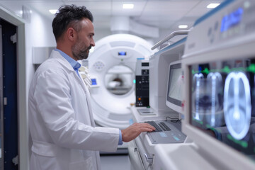 A doctor in a lab coat examining a patient's x-ray in a modern medical clinic, with advanced medical equipment in the background.. AI generated.