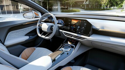 Hybrid car interior with eco-friendly materials and digital displays 