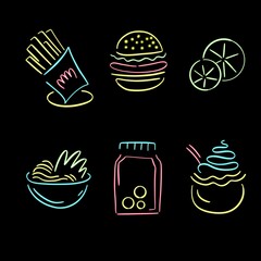 Food and drink objects neon lights style for artwork and restaurant.
