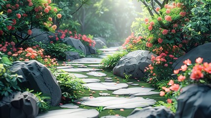 A tranquil garden path lined with blooming flowers and greenery, inviting a sense of peaceful exploration and inner calm. Clipart illustration style, clean, Minimal,