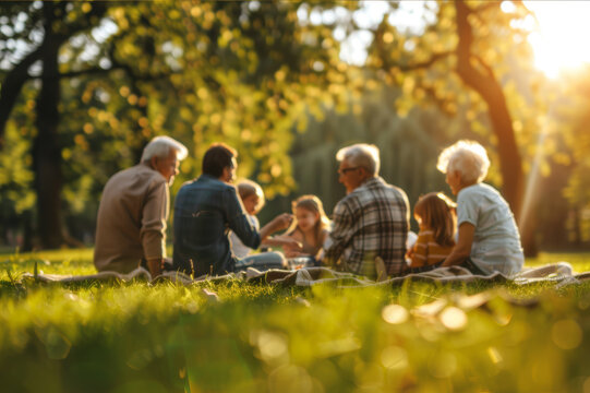 A multi-generational family enjoying a picnic in a sunlit park, with children playing, parents chatting, and grandparents relaxing on a blanket.. AI generated.