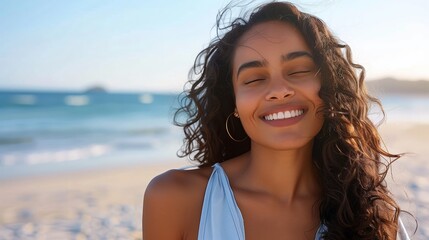 A beautiful mixed race woman is smiling and posing on the beach