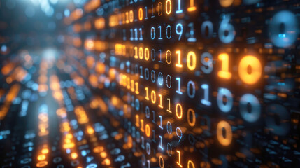 A computer screen with many numbers of different colors and sizes, binary code. Data image of patterns of ones and zeros illuminated in yellow and blue color.