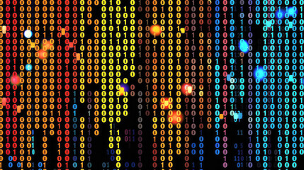 A colorful display of binary numbers in lines with a glowing effect. Patterns of ones and zeros in various colors Technology and innovation concept. AI generated.