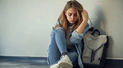 A young woman sitting on the floor in front of her school, holding her head with one hand and resting against an empty wall next to her is backpack, looking sad while watching her phone