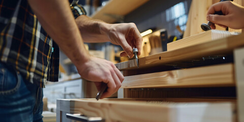 Close-up of a couple screwing together parts of a DIY cabinet, high-resolution, high-definition (HD), ultra high-definition (UHD), professional-grade