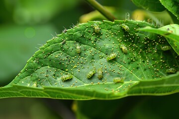Ants and Aphids. Insect pests. Little black aphid Colony on a green leaf. Lice pest infestation. Aphids on the stem and leaves of a plant. Hemiptera, Caterpillar eating leaf. Garden Parasite Macro.
