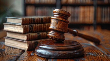 A meticulously focused photo of a wooden gavel with legal books symbolizing justice and law