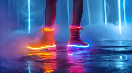 Vibrant LED light-up shoes glow in the dark on a reflective wet surface