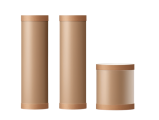 Three cardboard tubes of various sizes. One is lying down, the other two are standing up.