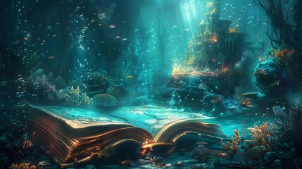 Magical underwater scene with an open ancient book illuminated by light beams, surrounded by mystical aquatic flora and fairy tale vibes.